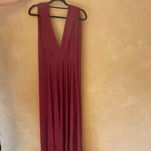 Lulus Deep V Maxi Dress with Adjustable Back Ties. Wine Red.